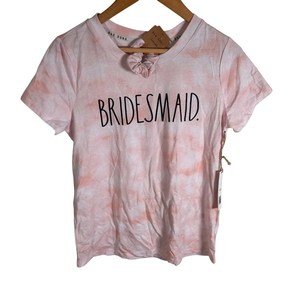 Rae Dunn Bridesmaid Pink Tie Dye T-Shirt and Scrunchie Set Small WX2679-651-NPA